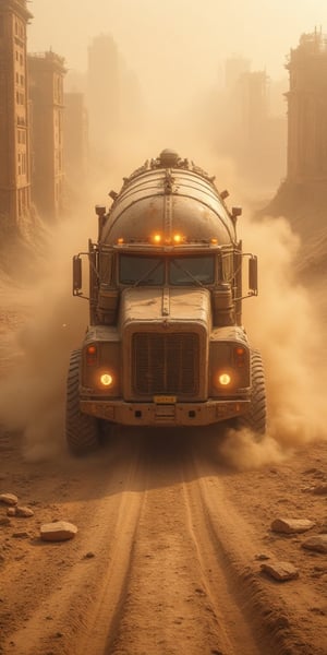 A behemoth of steel and dirt, the fuel tanker crashes through the swirling sandstorm like a force of nature. Rusting hulks of buildings dot the desolate landscape as far as the eye can see. The tanker's headlights blaze through the dust and debris, casting an otherworldly glow on the post-apocalyptic wasteland. Sand devils dance in its wake as it bulldozes forward, leaving a trail of destruction in its path. The air is thick with tension and danger as the roar of engines and howling wind fill the atmosphere. In this hyper-realistic digital painting, every detail from the tanker's battered armor to the sand-encrusted ruins is meticulously rendered in stunning 8K resolution.