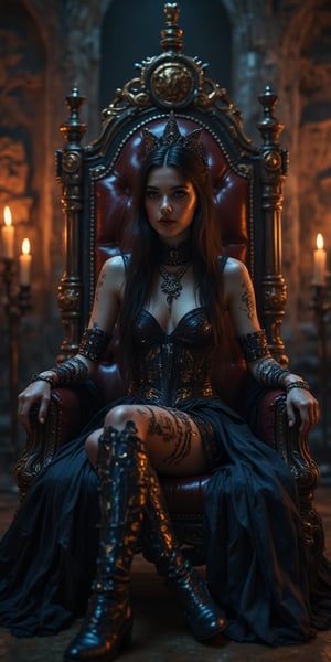 A lavish throne room set against a backdrop of distressed stone walls and flickering candles. A statuesque Dragqueen, her long black hair cascading down her back like a waterfall of night, sits regally upon a worn leather throne. Her eyes burn with an inner fire, their dark irises gleaming like onyx as she gazes out at the viewer. Her lips, painted a deep shade of indigo, curve into a sly smile, revealing a hint of metallic piercings that glint in the dim light. The Rococo punk fantasy outfit, adorned with intricate engravings and ornate hardware, appears to be crafted from dark, twisted metal, as if forged from the very essence of rock music itself.