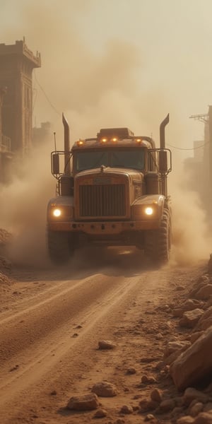 Brutal fuel tanker breaks through sandstorm, post-apocalypse ravaged world, headlights piercing the chaos. 
 A detailed description of the epic scene as the massive tanker, covered in dirt and rust, plows forward, leaving debris in its wake. The sandstorm swirls around the tanker, engulfing it in a haze of dust and grit. The headlights cut through the darkness, illuminating the surrounding wasteland. The tanker's size and sheer brutality are emphasized by its menacing presence, creating a sense of awe and danger. 
 The environment is desolate and barren, with crumbling buildings and scattered debris. The remnants of civilization are slowly being reclaimed by nature, adding to the post-apocalyptic atmosphere. 
 The mood is tense and chaotic, reflecting the harsh reality of the world. The air is thick with uncertainty and danger, as survivors scurry to find shelter. The sound of roaring engines and swirling sand echo through the scene, heightening the sense of urgency. 
 Style: Hyper-realistic digital painting 
 Execution: Using professional-grade digital painting software, such as Photoshop, the artist will meticulously render every detail of the scene. Textures, lighting, and shadows will be carefully crafted to convey the gritty atmosphere of the post-apocalyptic world. The final artwork will be rendered in high resolution (8K) to capture the intricate details.(Incredibly Detailed:1.1),(Incredibly cinematic:1.1),(High detail model:1.1),(Incredibly Realistic Tones:1.1),(Deep sharpness:1.1),(Incredibly realistic:1.1),(Detailed middle ground:1.1),(Detailed background:1.1),(Fine detail:1.1),(Photo RAW:1.1),(Incredible Masterpiece:1.1),(Incredibly Detailed Face:1.1),