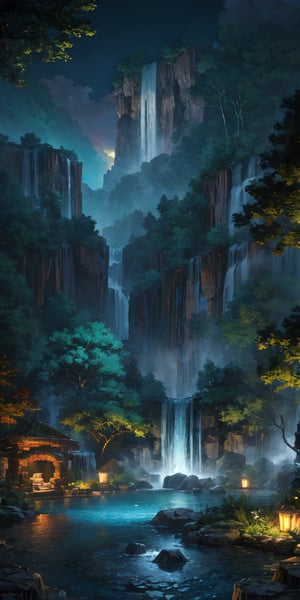 flower, outdoors, water, tree, book, pokemon \(creature\), no humans, night, glowing, nature, scenery, waterfall, fountain