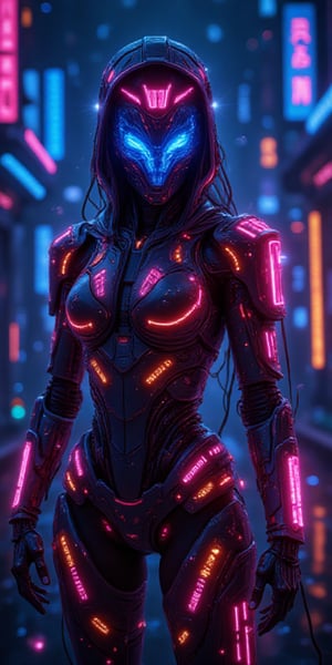 A hyper-realistic digital art of a cyber assassin, clad in sleek, futuristic armor with intricate glowing circuits. The assassin's face is partially concealed by a high-tech visor that reflects a neon-lit cityscape. The scene is intense and action-packed, with vibrant, bold colors like electric blues, neon pinks, and fiery oranges illuminating the dark background. The atmosphere is charged with energy, as the assassin prepares to strike, surrounded by holographic displays and sharp, cutting-edge weaponry. The overall vibe is aggressive and high-octane, capturing the violent and chaotic nature of a dystopian cyberpunk world,HDR