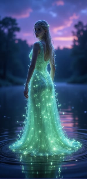 beautiful woman wearing an elegant dress made of bioluminescent plants, standing by the lake at night with a purple and blue sky in the background, trees on the other side of the water, a glowing light green dress, a white skin tone, detailed facial features, long hair, a full-body shot, looking back at the camera, in the style of fantasy art photography, cinematic, hyper-realistic, and super-resolution.,HDR