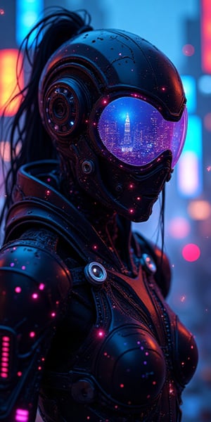 A hyper-realistic digital art of a cyber assassin, clad in sleek, futuristic armor with intricate glowing circuits. The assassin's face is partially concealed by a high-tech visor that reflects a neon-lit cityscape. The scene is intense and action-packed, with vibrant, bold colors like electric blues, neon pinks, and fiery oranges illuminating the dark background. The atmosphere is charged with energy, as the assassin prepares to strike, surrounded by holographic displays and sharp, cutting-edge weaponry. The overall vibe is aggressive and high-octane, capturing the violent and chaotic nature of a dystopian cyberpunk world,