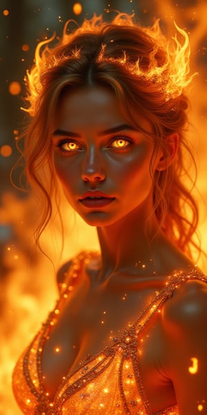 This is a realistic fantasy artwork prominently featuring realistic fire, including wisps of flames, glowing hot embers, subtle curls of smoke, and a beautiful fire druid. The druid stands in the midst of a raging inferno with an interesting composition. Her face is expertly sculpted, with elegant and refined features and perfect shading and realistic skin texture. Her (orange and gold eyes) are stunning and are the focal point of this image. (Her eyes extremely detailed, beautiful detailed eyes, and macro). Her eyes feature intricate detailing with clearly defined irises and bright sclera. Her soft lips are smooth and very puffy, and her skin is adorned with a light flush and ornate fire detailing. Her long gown is stunning and expensive, and is made of pure flames and glittering, ornate jewels that glimmer in the fire light. Her billowing gown glitters from the flames and features a delicately and intricately embroidered bodice with wisps of flames running across it. Include fantasy elements like bumps, stones, fiery iridescence, glowing embers, silk, and an interesting background. Include fiery magical creatures such as fiery birds and fiery butterflies that give off a magical and mystical aura. Lighting: Utilize the latest trends in lighting to enhance the artwork's beauty. Camera: Utilize dynamic composition to create a sense of urgency and excitement. Take inspiration from the current masters of the fantasy genre. ((masterpiece))