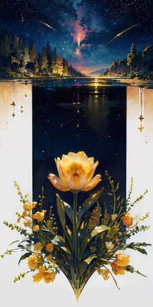 masterpiece, best quality, aesthetic,calligraphy brush,gold ink wash painting,Colorful tulip (flower),illustration,scenery,flower,glitter ,stars