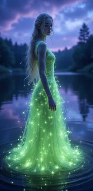 beautiful woman wearing an elegant dress made of bioluminescent plants, standing by the lake at night with a purple and blue sky in the background, trees on the other side of the water, a glowing light green dress, a white skin tone, detailed facial features, long hair, a full-body shot, looking back at the camera, in the style of fantasy art photography, cinematic, hyper-realistic, and super-resolution.,HDR