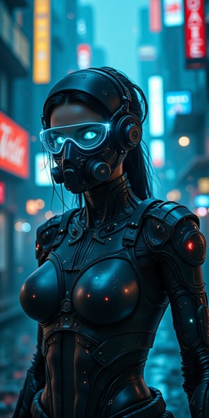 Image: A female bust shot wearing cybernetic suits, headgear, cyber goggles, hidden behind a gas mask, with a mechanical arm surrounded by high-tech machinery and advanced technology in a dystopian cyberpunk world. The setting includes towering skyscrapers, neon-lit alleyways, and a polluted cityscape. The woman has a holographic display with an augmented reality overlay, showcasing her role as a secret worker in a vast cyberpunk metropolis.

Descriptive keywords: Cybernetic, futuristic, dark, gritty, technological, dystopian.

Photographic style: Cinematic and high-resolution with sharp focus and dramatic lighting to emphasize the cyberpunk theme.

Tone: Serious, mysterious, and intense.

Object: Female cyber worker.

Action: Standing in a dynamic action pose, looking towards the viewer with determination and purpose.,Artwork 