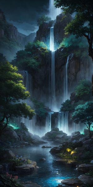 flower, outdoors, water, tree, book, pokemon \(creature\), no humans, night, glowing, nature, scenery, waterfall, fountain