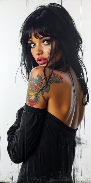 A provocative portrait of a stunning woman, her piercing features painted bold black lines against a stark white backdrop, as if splashed across the wall. Her tanned skin glistens with subtle shading, while vibrant tattoos dance across her arms and shoulders. The focal point is her striking gaze, framed by a dramatic swoop of bangs. A flowing black dress wraps around her curves, the dark fabric a striking contrast to the surrounding monochrome. Banksy-esque in its edgy wit, this haunting beauty defies convention on the city's streets.