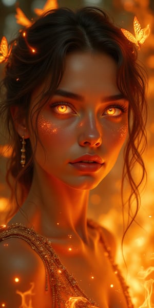 This is a realistic fantasy artwork prominently featuring realistic fire, including wisps of flames, glowing hot embers, subtle curls of smoke, and a beautiful fire druid. The druid stands in the midst of a raging inferno with an interesting composition. Her face is expertly sculpted, with elegant and refined features and perfect shading and realistic skin texture. Her (orange and gold eyes) are stunning and are the focal point of this image. (Her eyes extremely detailed, beautiful detailed eyes, and macro). Her eyes feature intricate detailing with clearly defined irises and bright sclera. Her soft lips are smooth and very puffy, and her skin is adorned with a light flush and ornate fire detailing. Her long gown is stunning and expensive, and is made of pure flames and glittering, ornate jewels that glimmer in the fire light. Her billowing gown glitters from the flames and features a delicately and intricately embroidered bodice with wisps of flames running across it. Include fantasy elements like bumps, stones, fiery iridescence, glowing embers, silk, and an interesting background. Include fiery magical creatures such as fiery birds and fiery butterflies that give off a magical and mystical aura. Lighting: Utilize the latest trends in lighting to enhance the artwork's beauty. Camera: Utilize dynamic composition to create a sense of urgency and excitement. Take inspiration from the current masters of the fantasy genre. ((masterpiece))