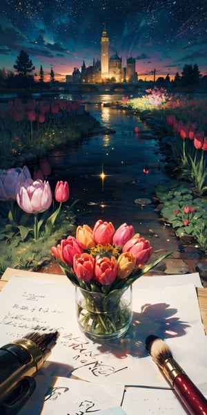 masterpiece, best quality, aesthetic,calligraphy brush,gold ink wash painting,Colorful tulip (flower),illustration,scenery,flower,glitter ,stars