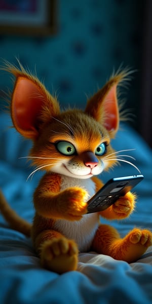 A scowling stuffed monster cat sitting on a bed with a phone in its paws, Alice in Wonderland 3 d, grinning, illuminated by the light of the phone. cinematic lighting, Ian Gregor, Weta Studio and James Jean, evil and helpless, promotional images, cute fluffy gremlin, still from the movie, Wang Yuanqi, aftereffects, manticore, still from the movie -