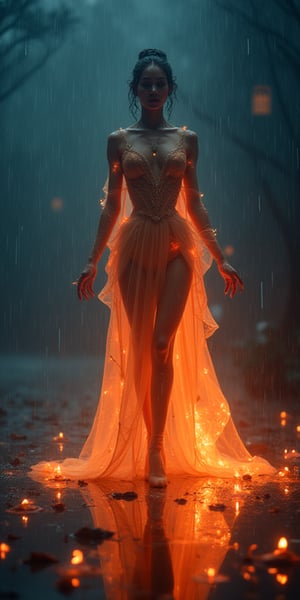 
a portrait of female classical ballet prima ballerina dancing in the rain, a full body picture ((anatomically correct: 1.5)) of a exquisite beautiful female dancer wearing silk evening dress, intricate dress, (dress is on fire: 1.3), dynamic hair color, dynamic hair style, dynamic skin complexion, wearing ballet shoes, wearing thigh highs, ((she is standing in the middle of the rain storm: 1.5)),  she is wet, yet enjoys the dance in the rain, cloudy night, lightning storm, dynamic background, vibrant, Ultra-high resolution, High Contrast, (masterpiece:1.5), highest quality, Best aesthetics), best details, best quality, highres, 16k, (ultra detailed: 1.5), masterpiece, best quality, (extremely detailed) RAW, (ultra details, Masterpiece, best quality), Cinematic Hollywood Film, artxldnc,Luminescent glow 