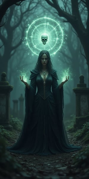 In a dimly lit, ancient cemetery, a mystical necromancer stands amidst crumbling headstones. Her ethereal beauty is illuminated by an otherworldly glow emanating from her piercing eyes. A flowing black robe drapes elegantly around her figure, adorned with intricate skull-shaped jewelry that seems to pulse with dark energy. As she raises her hands, a swirling vortex of mystical force erupts around her, casting a powerful spell into the night air. The mysterious atmosphere is palpable, punctuated by an eerie silence and an abundance of twisted, gnarled trees that seem to reach out like skeletal fingers.