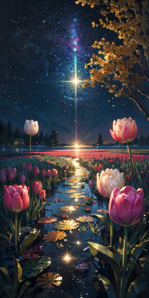 masterpiece, best quality, aesthetic,calligraphy brush,gold ink wash painting,Colorful tulip (flower),illustration,scenery,flower,glitter ,stars