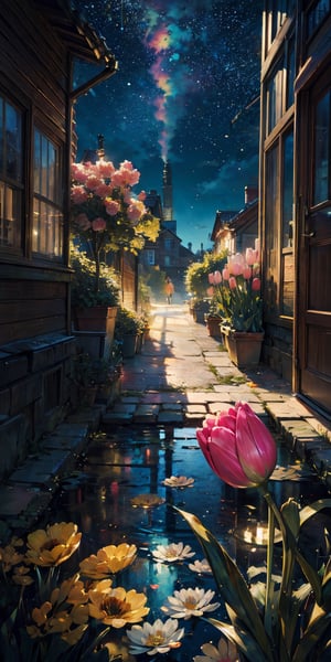 masterpiece, best quality, aesthetic,calligraphy brush,gold ink wash painting,Colorful tulip (flower),illustration,scenery,flower,glitter ,stars