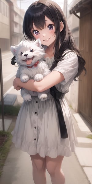 girl holding her small white furry dog ​​while smiling
 ,cute,anime,breakdomain