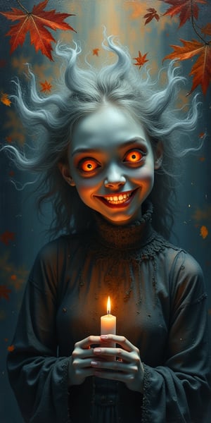 Ethereal wisps of translucent gray swirl around an otherworldly face, illuminated by a faint, flickering candlelight. A mischievous grin spreads across the spectral visage, as if conspiring with the viewer. The background dissolves into a kaleidoscope of autumnal hues - burnt oranges, crimson reds, and midnight blues - reminiscent of Samori's eerie yet whimsical style.