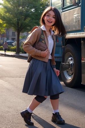 happy little girl walking in the park with a girl scout uniform selling cookies, in the background you can see a black VAN truck with some men following her on the side of the street ,4NG3L4