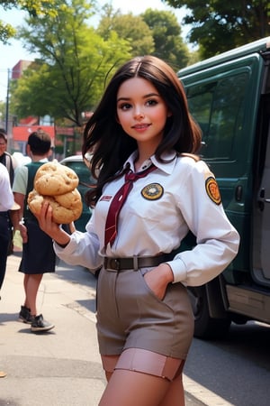 in a park, a happy little girl 4NG3L4 (10 years old), dressed in a Girl Scout uniform, walks confidently down the path, a tray of cookies held proudly at her side. In the background, a black VAN truck  alongside the street, its occupants - three men with serious expressions - keeping pace with her as she makes her way,4NG3L4