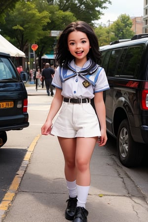 in a park, a happy little girl 4NG3L4 (10 years old), dressed in a Girl Scout uniform, walks confidently down the path, a tray of cookies held proudly at her side. In the background, a black VAN truck  alongside the street, its occupants - three men with serious expressions - keeping pace with her as she makes her way,4NG3L4