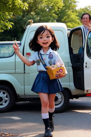 happy little girl walking in the park with a girl scout uniform selling cookies, in the background you can see a black VAN truck with some men following her on the side of the street ,4NG3L4