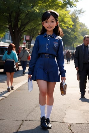 in a park, a happy little girl 4NG3L4 (10 years old), dressed in a Girl Scout uniform, walks confidently down the path, a tray of cookies held proudly at her side. In the background, a black VAN truck  alongside the street, its occupants - three men with serious expressions - keeping pace with her as she makes her way,4NG3L4