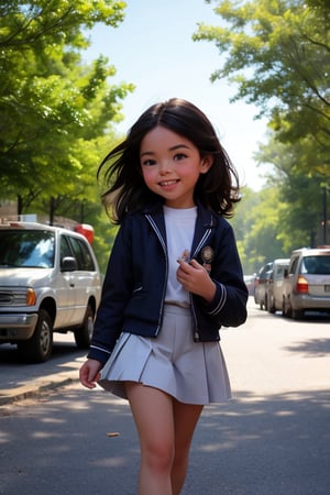 happy little girl walking in the park with a girl scout uniform selling cookies, in the background you can see a black VAN truck with some men following her on the side of the street ,4NG3L4