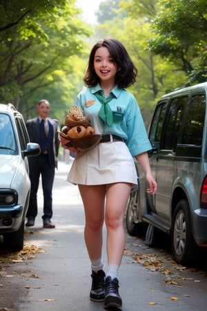 A warm sunny day in a picturesque park, a happy little girl, dressed in a Girl Scout uniform, walks confidently down the path, a tray of cookies held proudly at her side. In the background, a black VAN truck parked alongside the street, its occupants - three men with serious expressions - keeping pace with her as she makes her way through the lush greenery.