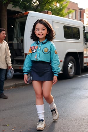 in a park, a happy little girl (10 years old), dressed in a Girl Scout uniform, walks confidently down the path, a tray of cookies held proudly at her side. In the background, a black VAN truck  alongside the street, its occupants - three men with serious expressions - keeping pace with her as she makes her way,4NG3L4