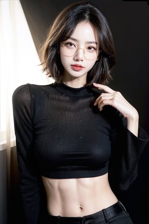 4k,best quality,masterpiece,20yo 1girl,(black suit and pants, alluring smile, thick rimmed eyeglasses (Beautiful and detailed eyes), Detailed face, detailed eyes, double eyelids ,thin face, real hands, muscular fit body, semi visible abs, ((short hair with long locks:1.2)), black hair, black background, real person, color splash style photo,lisa