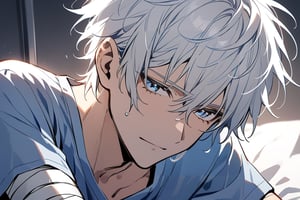 solo , arrogant smile, short hair, bangs, blue eyes, shirt,  short sleeves, 1man,, closed mouth,athletic body,  white hair, male focus, his body wrapped in bandages, woke up on the hospital bed, tears streaming down his cheeks