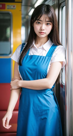 woman, pretty face, inside train,
blue_pinafore,
analog, photo, bokeh, 