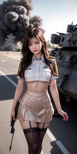 photorealistic:1.37, masterpiece, best quality, raw photo, absurdres, uhd, 1girl, wavy hair, sex, all nude, brown hair ,  smile, looking at viewer,Holding a submachine gun, Walking on the outskirts of Jerusalem, Gunships flew over and missiles dropped from the sky, surrounded by the scene after bombing, ruined buildings, black smoke everywhere, and Heavily armed soldiers and tank and armored vehicles are everywhere,intricate detail, detailed background, detailed skin, pore, highres, hdr , presentation to ten men , beautiful model, soft light to the face,JP_MODELS , midium breasts, a 30 yo woman ,((Female soldier uniform with stockings and short skirt))
,formidable(azur lane),sex from the front,mei