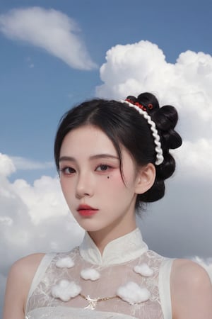hubggirl,a potrait of a hubggirl, red eyes, black hair, hair bun with accessories, cloud pattern on garment, mystical, pale skin, blush on cheeks, white background, portrait, upper body shot, artful composition, detailed line art, vibrant color contrast,HUBG_Beauty_Girl