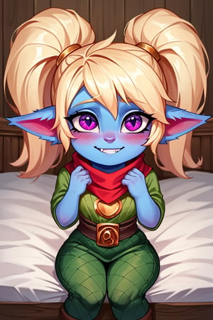 Score_9, Score_8_up, Score_7_up, Score_6_up, Score_5_up, Score_4_up, source_cartoon,
1girl,solo_female,cute,upper_body,
PoppyLoLXL, yordle, shortstack, purple eyes, blonde hair, twintails, blue skin, colored skin,  red scarf,green snakeskin shirt, green snakeskin pants,
,inloved,looking_up,
blushing,smile,shy,
Medieval_bedroom,indoors,sitting,bed,