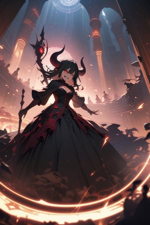 masterpiece, beautiful details, perfect focus, uniform 8K wallpaper, high resolution, exquisite texture in every detail, 1gir, devil, devil horns, crazy smile, crazy eyes, grace, dress, long skirt, casting spell,in mage tower, magic circle on ground, girl stading up in circle center, depth view, fantasy, epic, final battle, magic wand, shadows