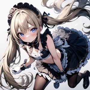 masterpiece, beautiful details, perfect focus, uniform 8K wallpaper, high resolution, exquisite texture in every detail, 1girl, very long golden hair, twintails, :<, flat chest, flat chested, maid, maid clothes, maid headdress, crop top, sleeveless, short skirt, gloves, high tights, shoes