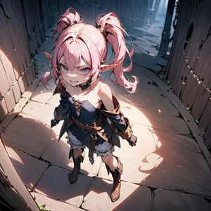 masterpiece, beautiful details, perfect focus, uniform 8K wallpaper, high resolution, exquisite texture in every detail, 1girl, elf, very long pink hair, ((double ponytail hair)), (((flat chest))), (((flat chested))), evil face, thief, strapless dress, bloomers, boots, full body, fantasy, epic, shadows, in dungeon