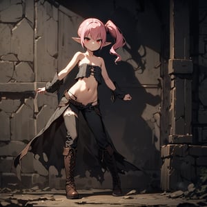 masterpiece, beautiful details, perfect focus, uniform 8K wallpaper, high resolution, exquisite texture in every detail, 1girl, half elf, very long pink hair, righ side ponytail hairstyle, red eyes, blowing, thief, flat chest, flat chested, slim body, vest line:1.2, :<,black cape(shabby, almost ripped), crop top(open center, bare breasts, strapless, lace-up), very short pants(badly ripped), strap panties, black thighhighs, boots, wield double daggers, bare collarbones, full body, fantasy, dungeon(dim, gloomy, dark, dusky, shadowy, unlit, no light, in dark):1.2, indoors:1.2, depth of field, epic style, fantasy, middle ages style