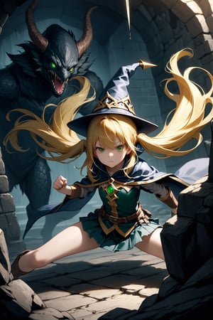 (very aesthetic, best quality, ultra detailed), intricate details, 1girl, long golden hair, twintails, green eyes, flat chest, flat chested, small wizard hat, old cape, ripped clothes, short skirt, in dungeon, darkness feeling, monster(creature), battle, fighting sense