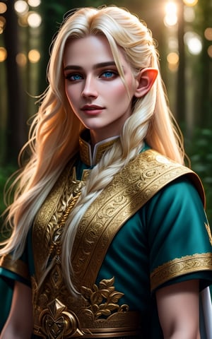 High Elf, white blonde hair, Priest, Staff, beard, Winter, forest, pale skin, gold jewelry, gold accessories, gold accent, dnd, magical, bright blue hazel eyes, (male), hyperrealistic Soft Pastel Colors, light from the sky, complex background, Long Exposure, Flowing Fabric, majestic, masterpiece, style of Andrew Ferez, Surreal, Gentle Movement, Dreamlike Cinematic Lighting, Super High Definition, seductive smile, RAW candid cinema, 16mm, color graded portra 400 film, remarkable color, ultra realistic, textured skin, remarkable detailed pupils, realistic dull skin noise, visible skin detail, skin fuzz, dry skin, shot with cinematic camera, glow effects, godrays, Hand drawn, render, 8k, octane render, cinema 4d, blender, dark, atmospheric 4k ultra detailed, Sharp focus, humorous illustration,  depth of field, Masterpiece, colors, 3d octane render, 4k, concept art, trending on artstation, hyperrealistic, Vivid colors, extremely detailed CG unity 8k wallpaper, trending on ArtStation, trending on CGSociety, Intricate, High Detail, absurdes, detailed skin texture,subsurface scattering,Detailedface,arshadArt