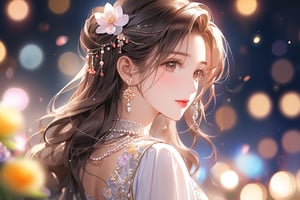 1girl, Chinese classical beauty, solo, long hair, looking at the audience, blushing, black hair, hair accessories, dress, , jewelry, closed mouth, upper body, close-up in front of the camera, flowers, earrings, looking back, hair flower, necklace, , dark eyes, lips, eyelashes, glitter, makeup, depth of field, bokeh, wavy hair, gems, bokeh, pearl necklace, 20 years old, empty back, dreamy back, frontal HD
,Kim Hee Sun