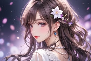 1girl, solo, long hair, looking at viewer, blushing, brunette, hair accessory, dress, , jewelry, closed mouth, upper body, front to camera close-up, flowers, earrings, looking back, hair flower, necklace, , dark eyes , lips, eyelashes, glitter, makeup, depth of field, blurred background, wavy hair, gems, background blur, pearl necklace Chinese classical beauty, 20 years old, empty back, dreamy back, frontal high definition
,kim_heesun
