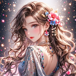1girl, solo, long hair, looking at viewer, blushing, brunette, hair accessory, dress, , jewelry, closed mouth, upper body, flowers, earrings, looking back, hair flowers, necklace, , dark eyes, lips, eyelashes, Glitter, makeup, depth of field, blurred background, wavy hair, gems, background blur, pearl necklace Chinese classical beauty, 20 years old, empty back, dreamy back, front high definition
,glitter