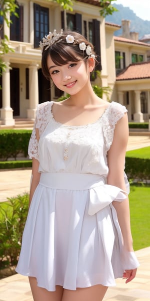 Pretty and charming girl. She wears a very elegant noblewoman oufit. She is a very cute girl. Hyperdetailing masterpiece, hyperdetailing skin, masterpiece quality, with 4k resolution. Charming smile. Short hair, himecut hairstyle, blonde hair. Mansion in background. She belongs to the nobility. bun hairstyle. tender and charming smile.