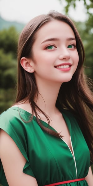 (masterpiece),(((15 year old))) ((best quality)), ((True Color)), Vintage Retro Photography, ultra-detailed, (Fashion Editorial), (illustration),  (dynamic angle), (Portrait),  (woman), ((detailed face)), (extra long hair), (Red and Green dress), beautiful detailed Green eyes, (mystical landscape), (good anatomy), Smile, 