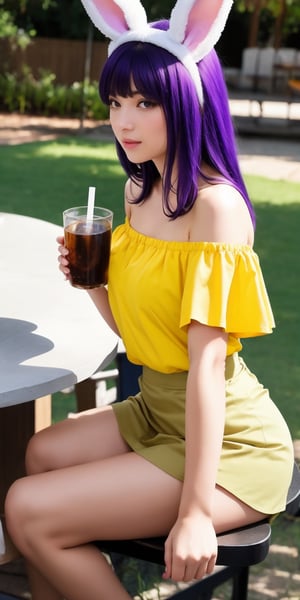 Generate hyper realistic image of a playful woman with bunny ears and an hourglass body, sitting at a table outdoors. Her long, purple hair is adorned with fake animal ears, and her parted bangs frame her face delicately. Dressed in a yellow off-shoulder shirt and a black miniskirt, she holds a cup with a drinking straw, her earrings glinting in the daylight.