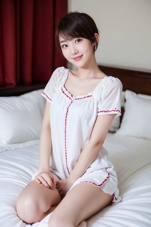 Petite 18 year old girl, full body photo, short red hair, pixie cut, soft smile, sexy, white cotton nightie, innocent, tease