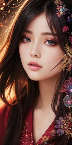 (masterpiece, top quality, best quality, official art, beautiful and aesthetic:1.2), (1girl), extreme detailed,(abstract, fractal art:1.3),highest detailed, detailed_eyes, light_particles, hanfu,jewelry, sexy, ,red,